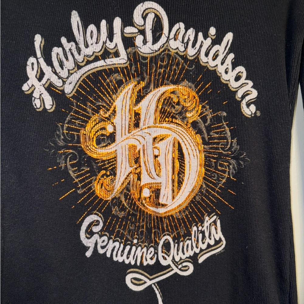 Harley-Davidson Black Fitted Distressed Tee with Orange and White Studded Design